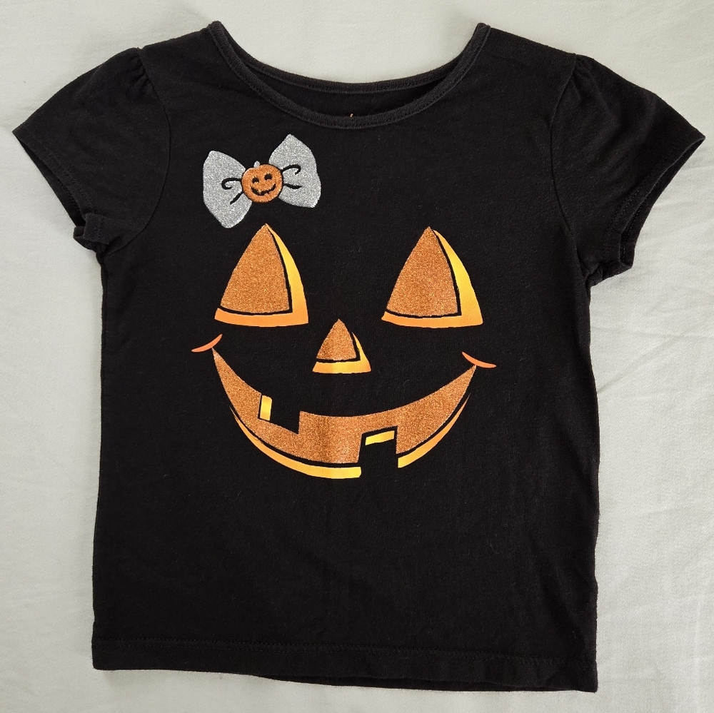 Black Tee Glittery Jack O'Lantern w/ Bow Toddler Girl's Size 4T Used
